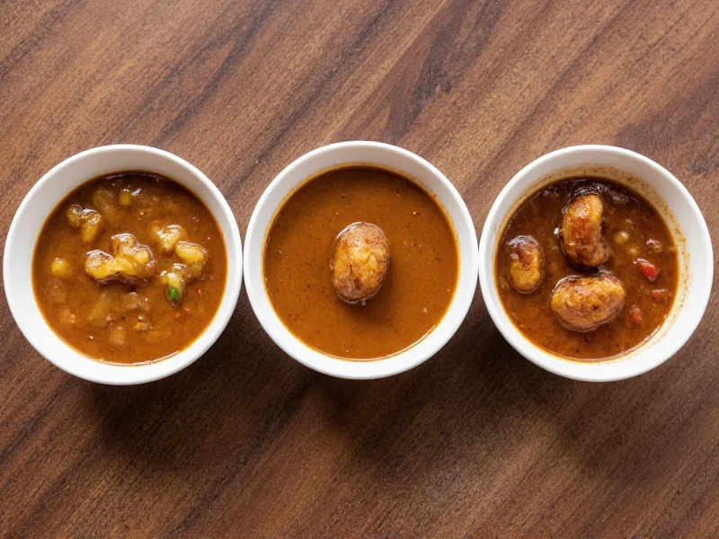 Three variations of brown gravy in small bowls