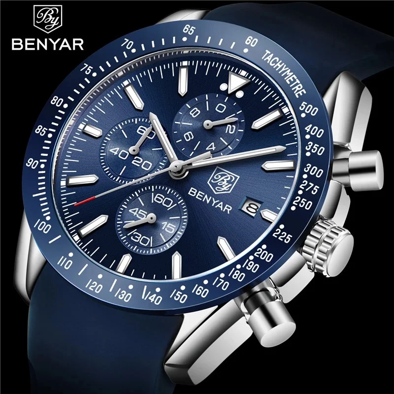 

benyar 5140 Brand Watch Men Luxury Chronograph Wristwatch Blue Rubber Waterproof Military Montre Sport Male Clock benyar 5140m