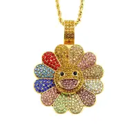 

New Fashion inlaid Color crystal Murakami Sun Flower Necklace Colorful Petals Smiley Can Be Rotated HipHop Pendant Necklace