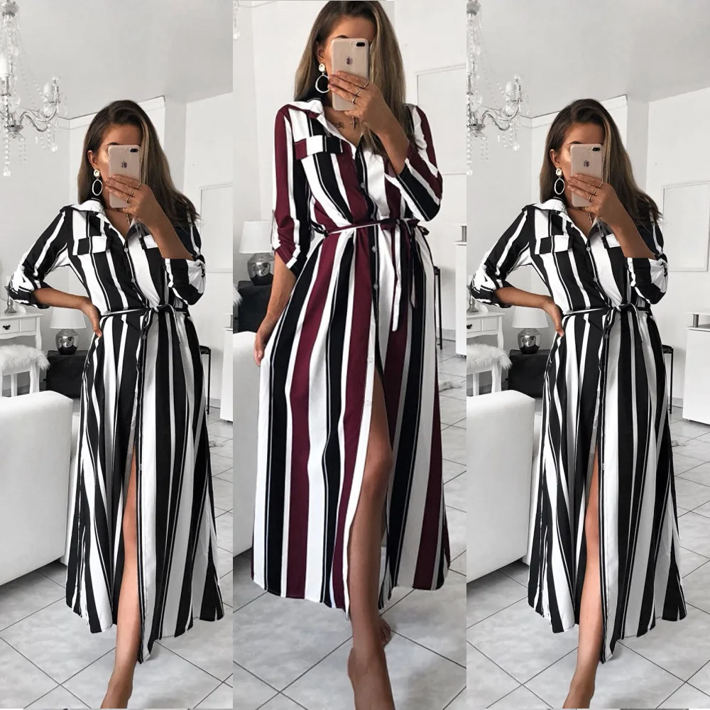 

DS-113 Hot Sale summer 2021 woman maxi Chromatic stripe button shirt dress