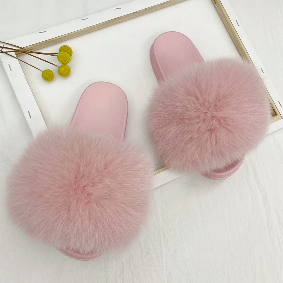 

Various Styles Adult Kid Fox Fur Slippers Home Fox Fur Slippers/Indoor Cute Sandals Furry Fur Slides with PINK pvc sole