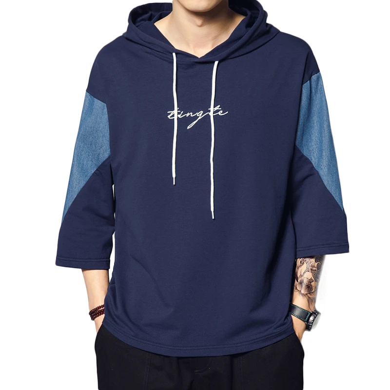 

2021 men's t-shirt loose and comfortable large size off rotator cuff fifth sleeve Hooded t-shirt