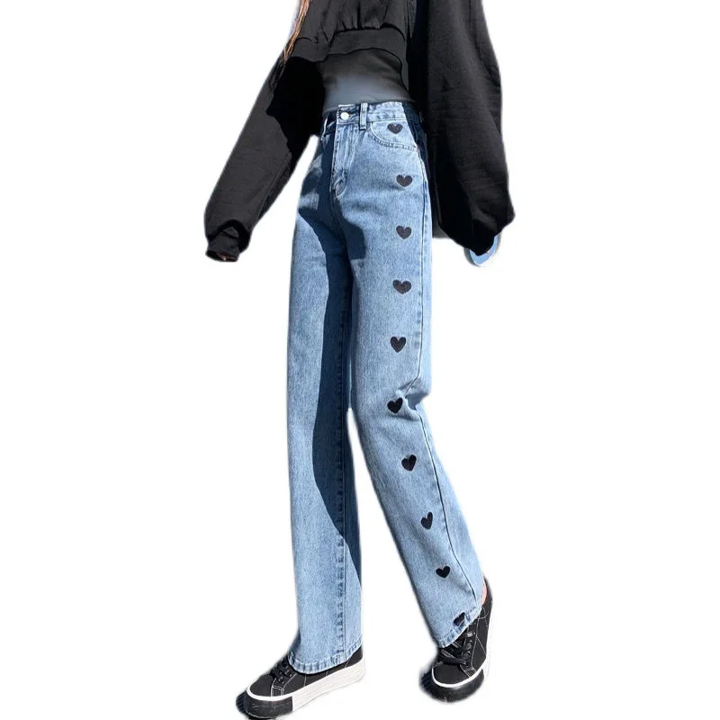 

Girls high-rise straight-leg jeans, embroidered jeans,Loose and thin jeans