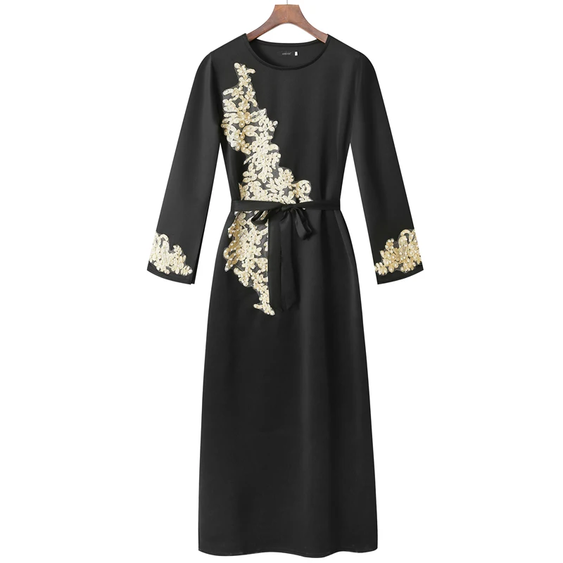 

OEM/ODM Arabesque lace and beading dress Muslim women's clothing Arab women's gown stitching with a belt long Cardigan, Black/grey