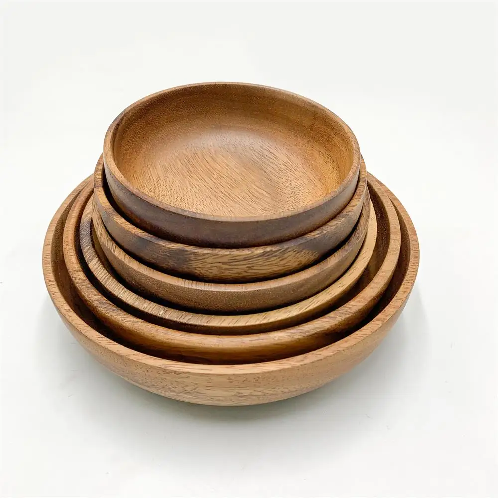 

Household Kitchen Items Accessories Wooden Serving Plate Set Acacia Wood circle Dish And Plate, Natural wood color