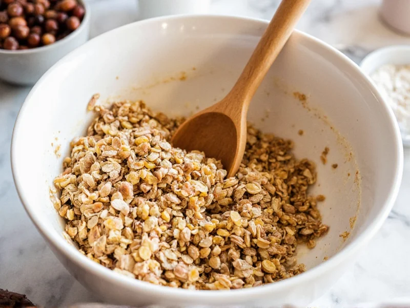 Mixing granola ingredients in ceramic bowl with wooden spoon