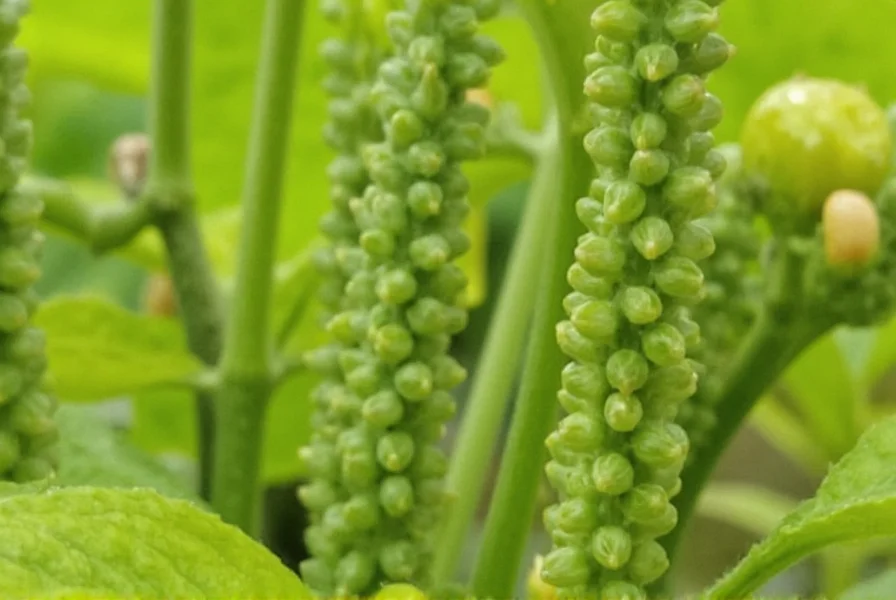 Close-up photograph of long pepper spikes showing the characteristic catkin structure with small berries