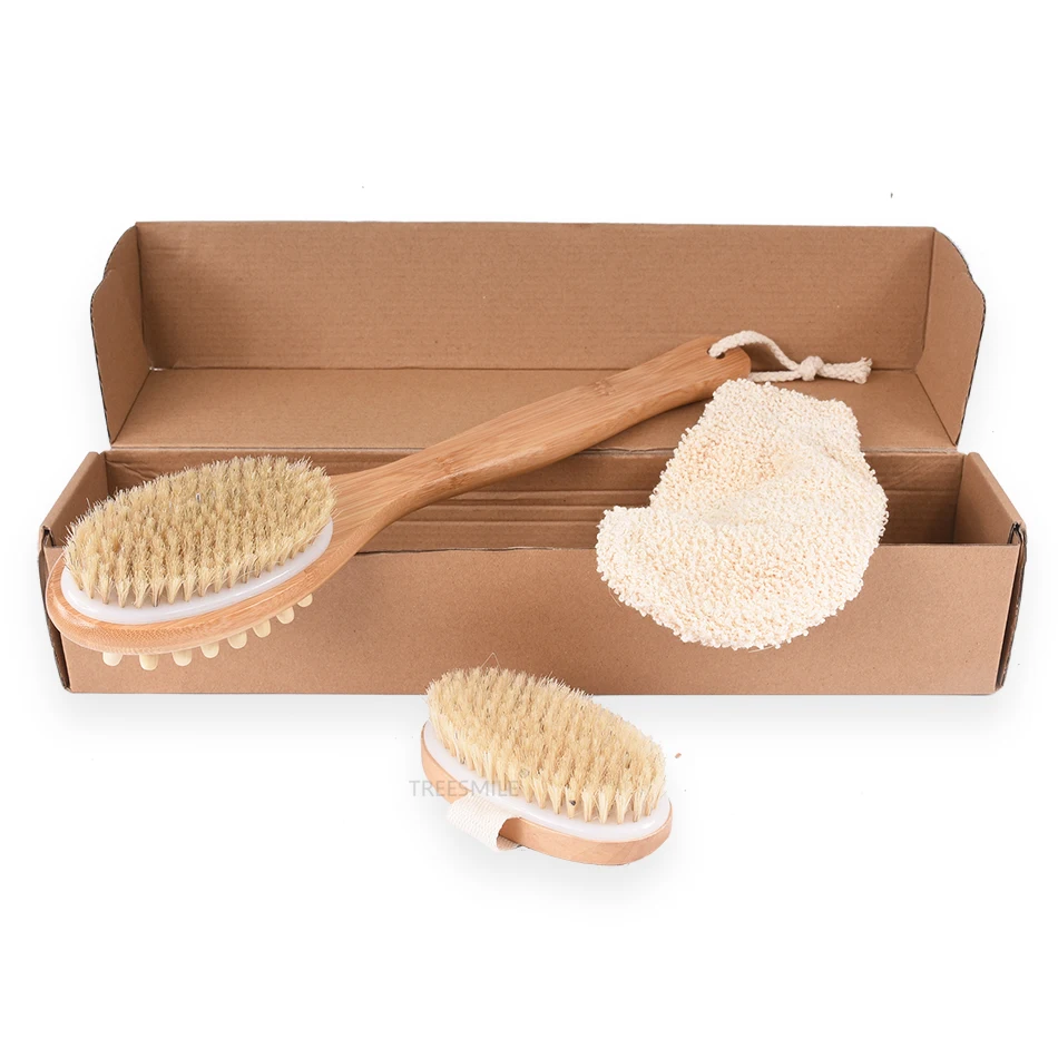 

TREESMILE 3pcs Set Eco Friendly Natural Boar Bristle Long Handle Bath Brush Set custom logo Massage Bath Brush Body Care Brush, Natural wood