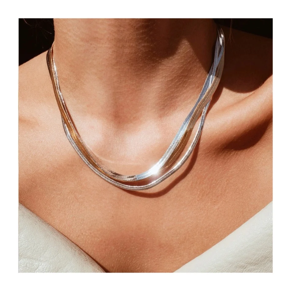 

Polished 5mm Stainless Steel 18k Gold Plated Filled Double Layer Flat Chunky Link Herringbone Snake Chain Necklace, Silver/gold/rose gold