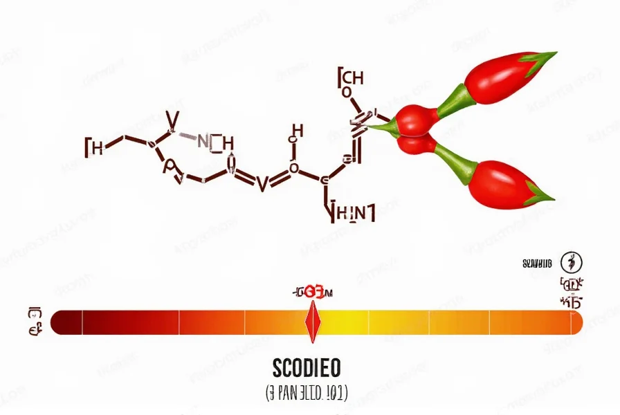 Scientific illustration showing capsaicin molecule structure and Scoville scale measurement process