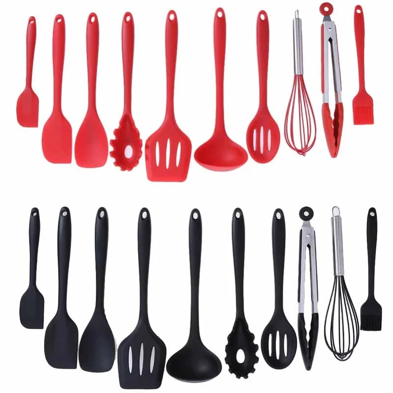 

Kitchen set Silicone Kitchenware 10 Piece Non-Stick Pan Silicone Shovel Spoon Slotted Turner Meal Spoon Spatula Cooking Utensils, Black, red