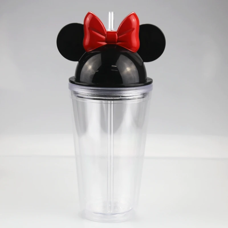 

USA Warehouse free shipping 16oz Mouse ear double wall plastic acrylic cups dome covers tumbler ear cup with straw, water cups, Clear body with black lids