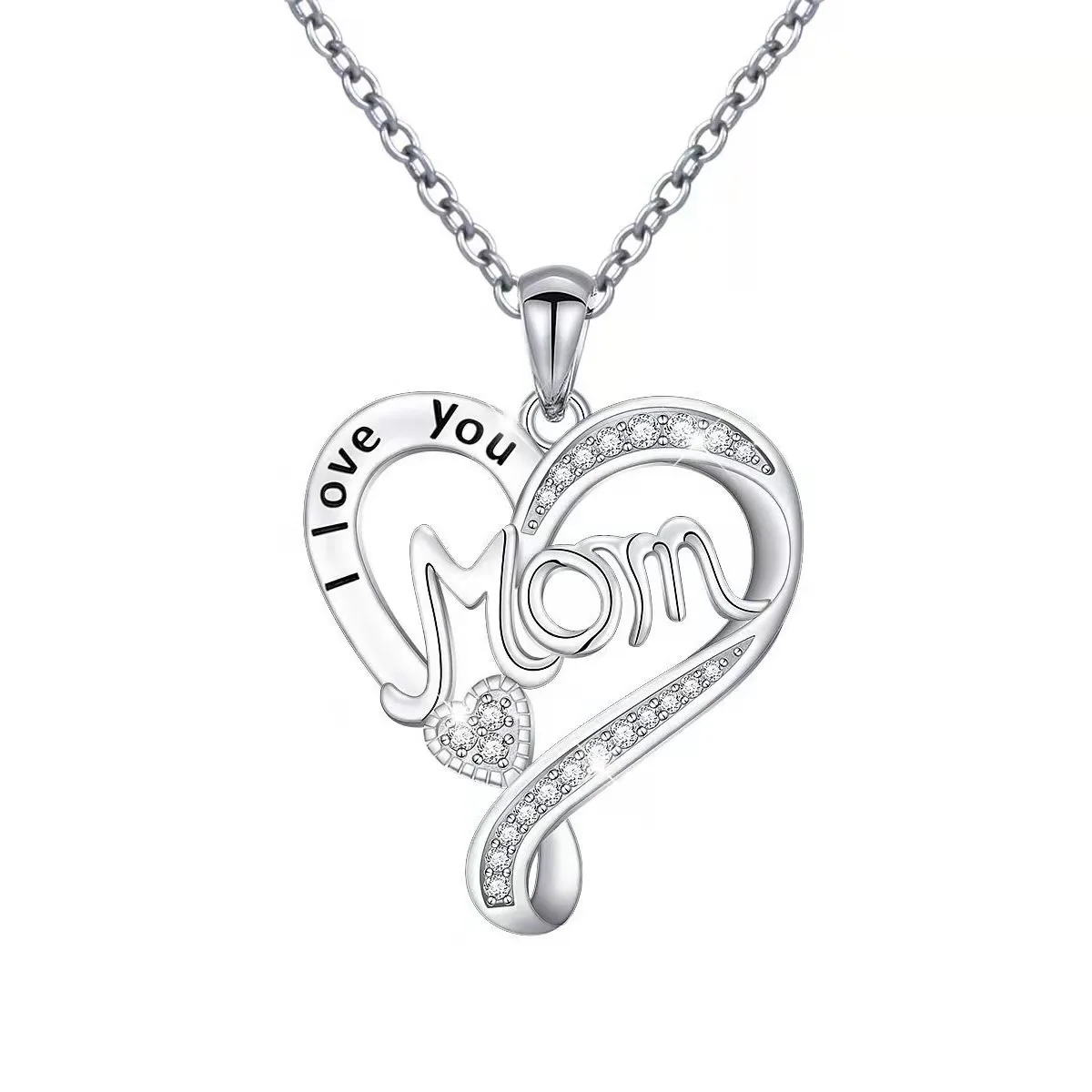 

Fashion I Love you Mom Pendant S925 Sterling Silver Zircon Platinum Heart Mother's Day Necklace