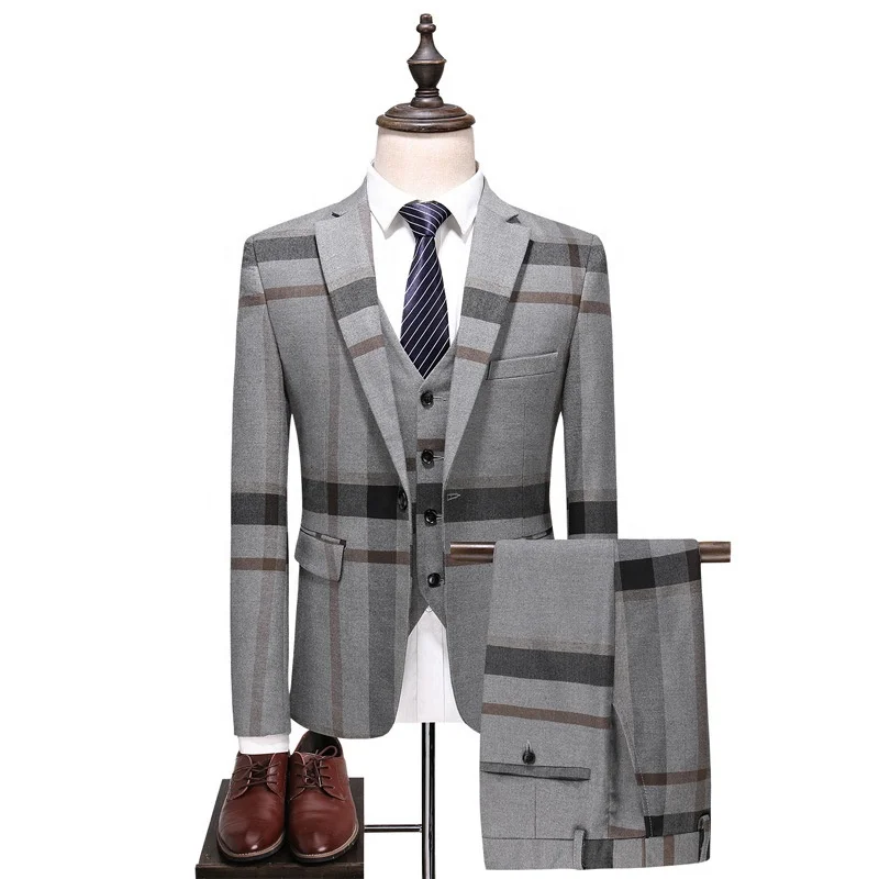 

High Quality Ready To Ship 3 Piece Plaid Printed Wedding Mens Suits, Customized color