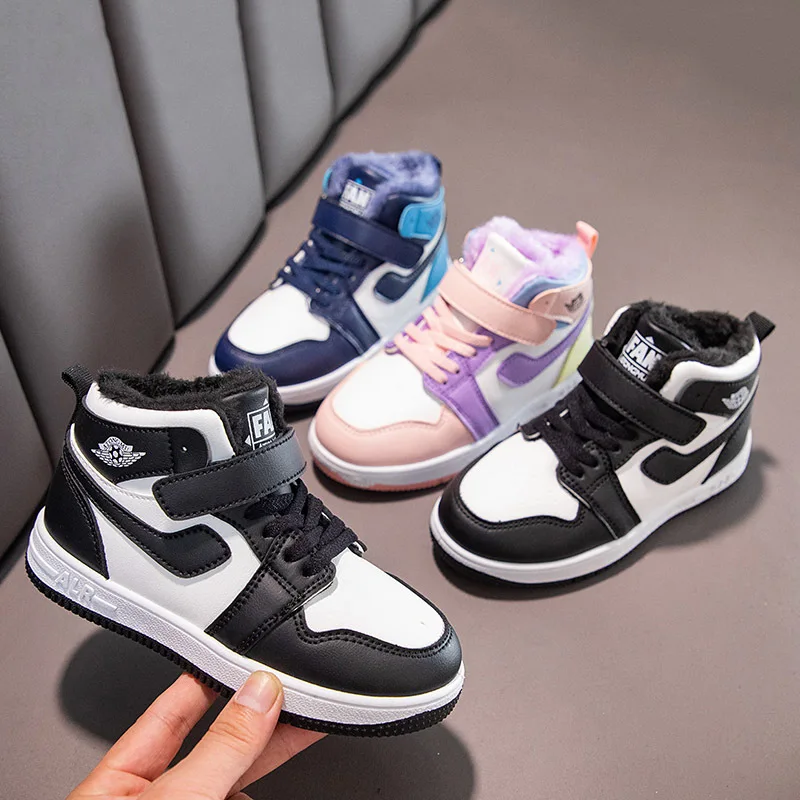 

Kids Autumn Winter Velvet Leather Sneakers Magic Paste Ankle Mid Boys' Girls Basketball Shoes Korean Style Soft Soled Cotton T