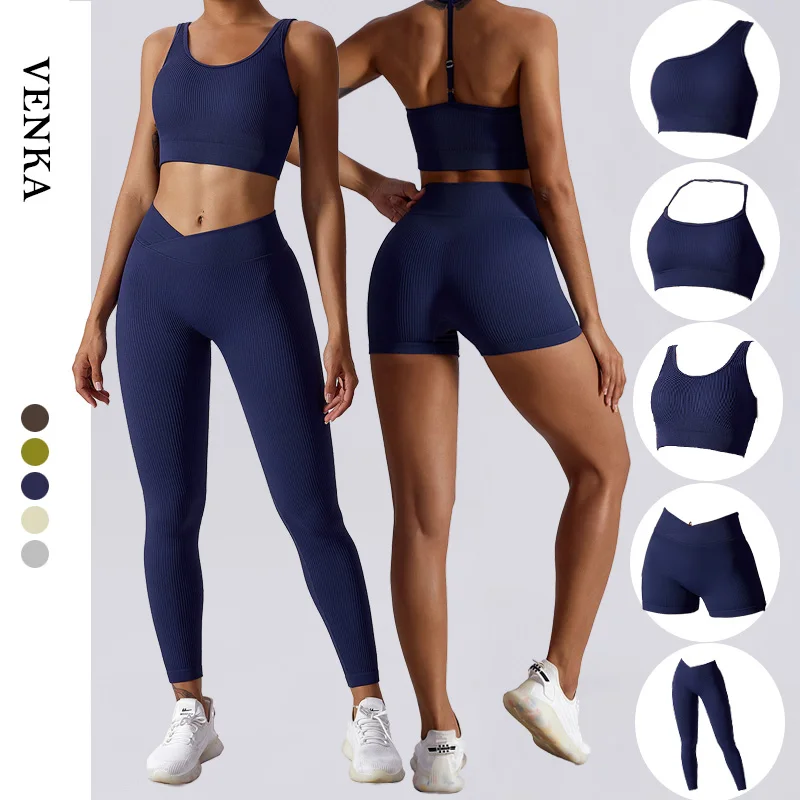 

New Style Workout Fitness Set Women Booty Pants Beauty Back Seamless Ribbed Strappy Halter Sports Bra Shorts Pants Leggings Set