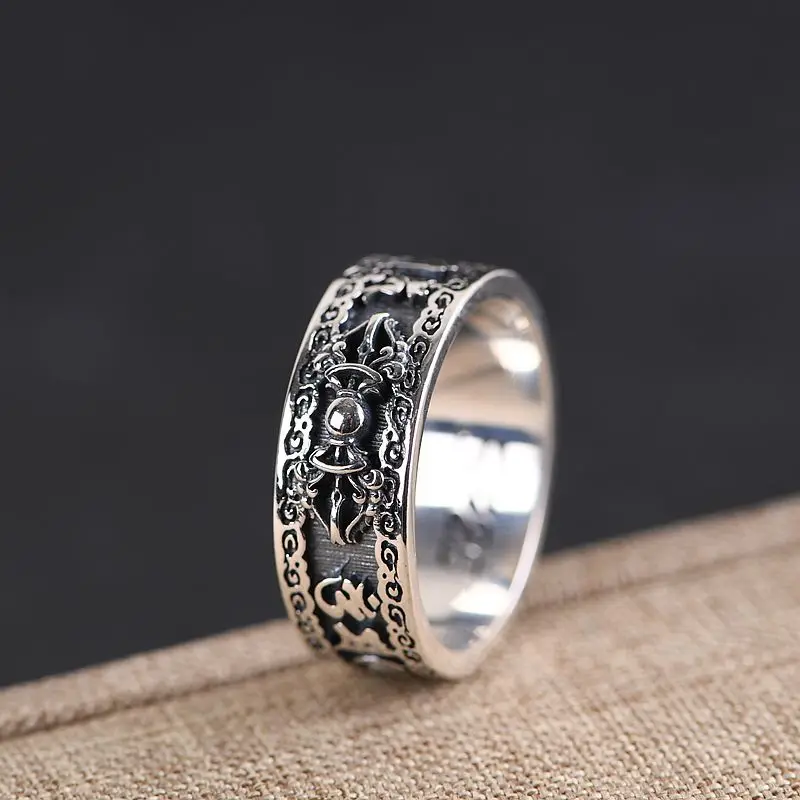 

S925 Silver Vintage Thai Silver Ring Wholesale Men and Women Ethnic Style Six-character Mantra Vajra Ring