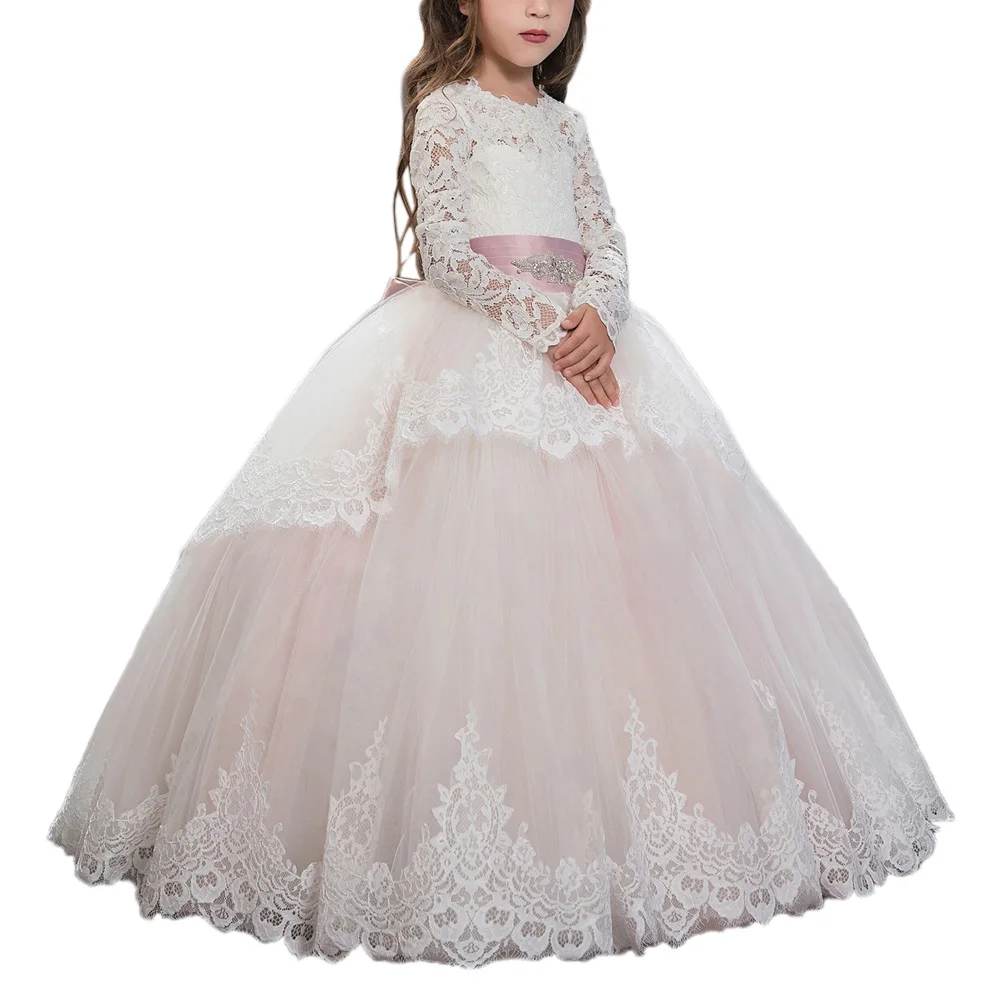 

Boutique Wholesale Girls Ball Gown Princess Dress Wedding Party Girl Frocks Long Sleeve Lace Tulle Bridesmaid Dresses Kids Gown