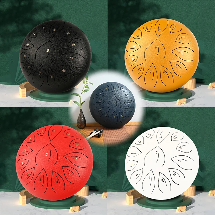 

13 Notes 12 Inches Percussion Instrument Handpan Drum with Bag, Drumsticks Steel Tongue Drum, Black, white, red, yellow, blue