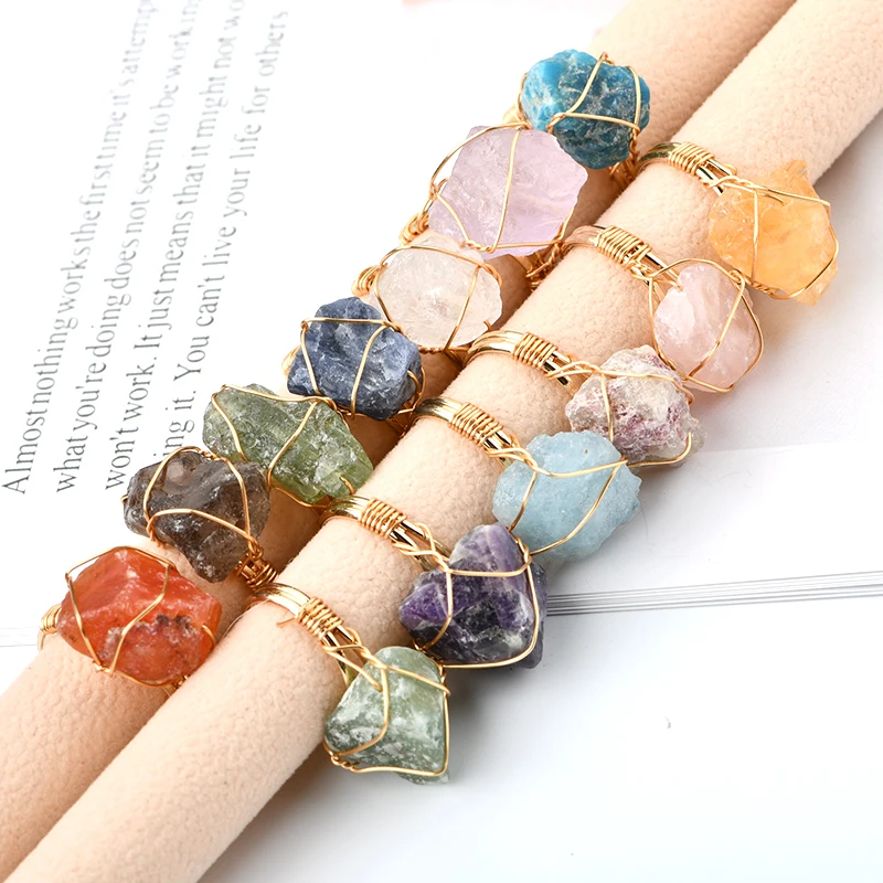 

15-20mm Top Sale Crystal Gold Ring 13 Different Colors For Mix Order Hand Wire Wrap Mineral Crystal Ring