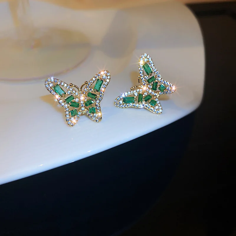 

Luxury Minimalist Jewelry Full Crystal Diamond Butterfly Stud Earrings Green Rhinestone Crystal Butterfly Earrings Women Party
