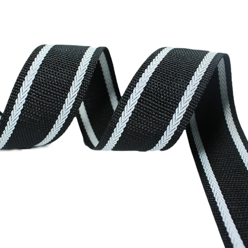 

stock 1.4mm thickness 2cm 2.5cm 3.2cm 3.8cm 5cm black and white color stripe bulk polyester web webbing