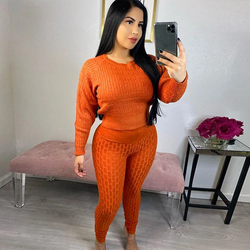 

Three color Autumn winter women full sleeve knit tracksuit long pants two piece sweater set plus size women clothing