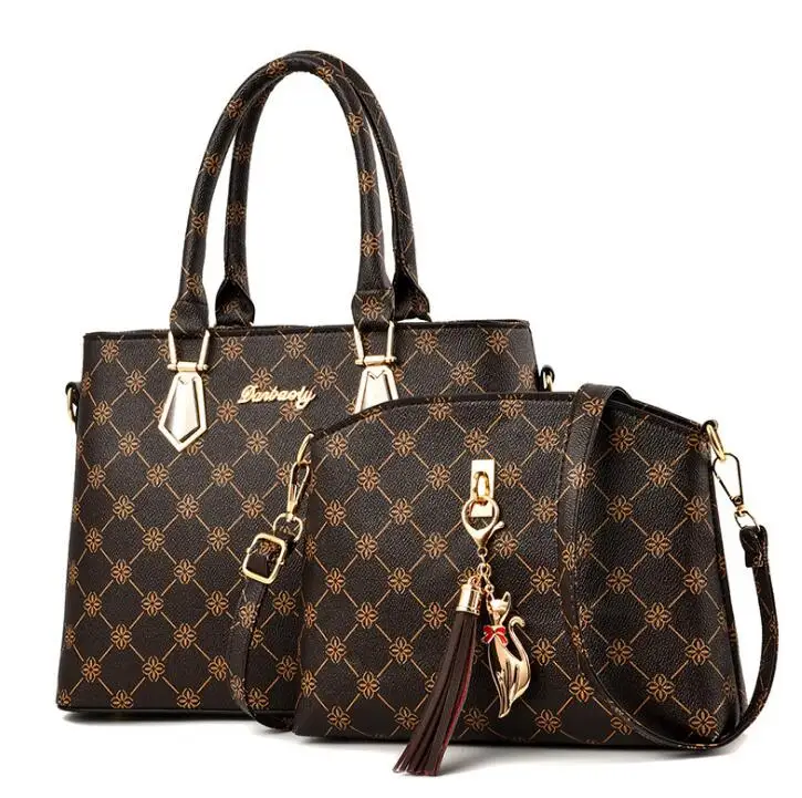 

2020 New style ladies classical pu leather 2 pieces handbag set women tote bags, Coffee,white