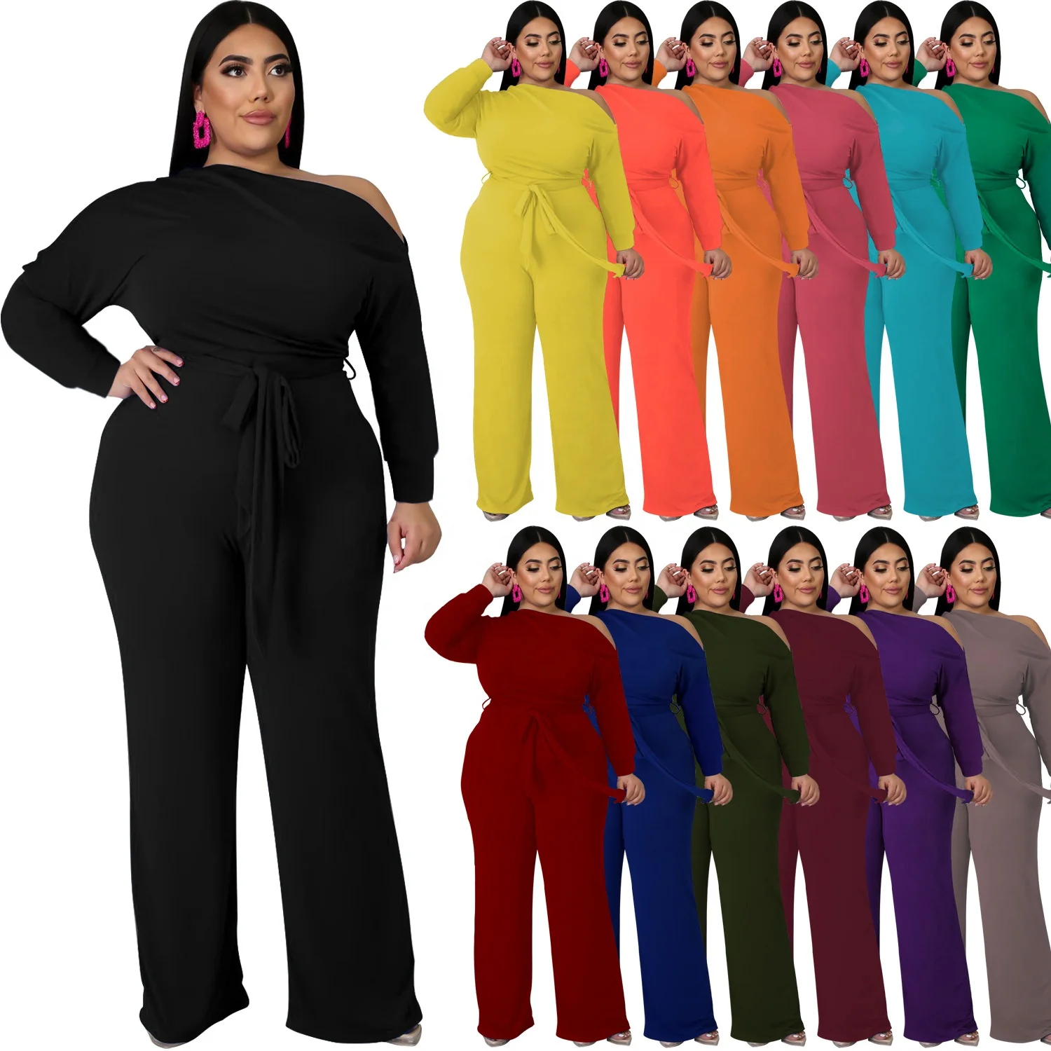 

DLL TP232 Latest fashion casual scrub jogger set Amazon solid color one shoulder T flared pants plus size womens 2 piece sets