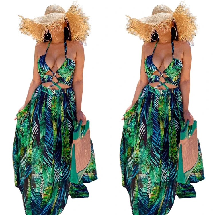 

New Product Hot Sale Halter Neck Long Skirt Digital Printing Fashion Big Swing Skirt Ladies Sleeveless Dress