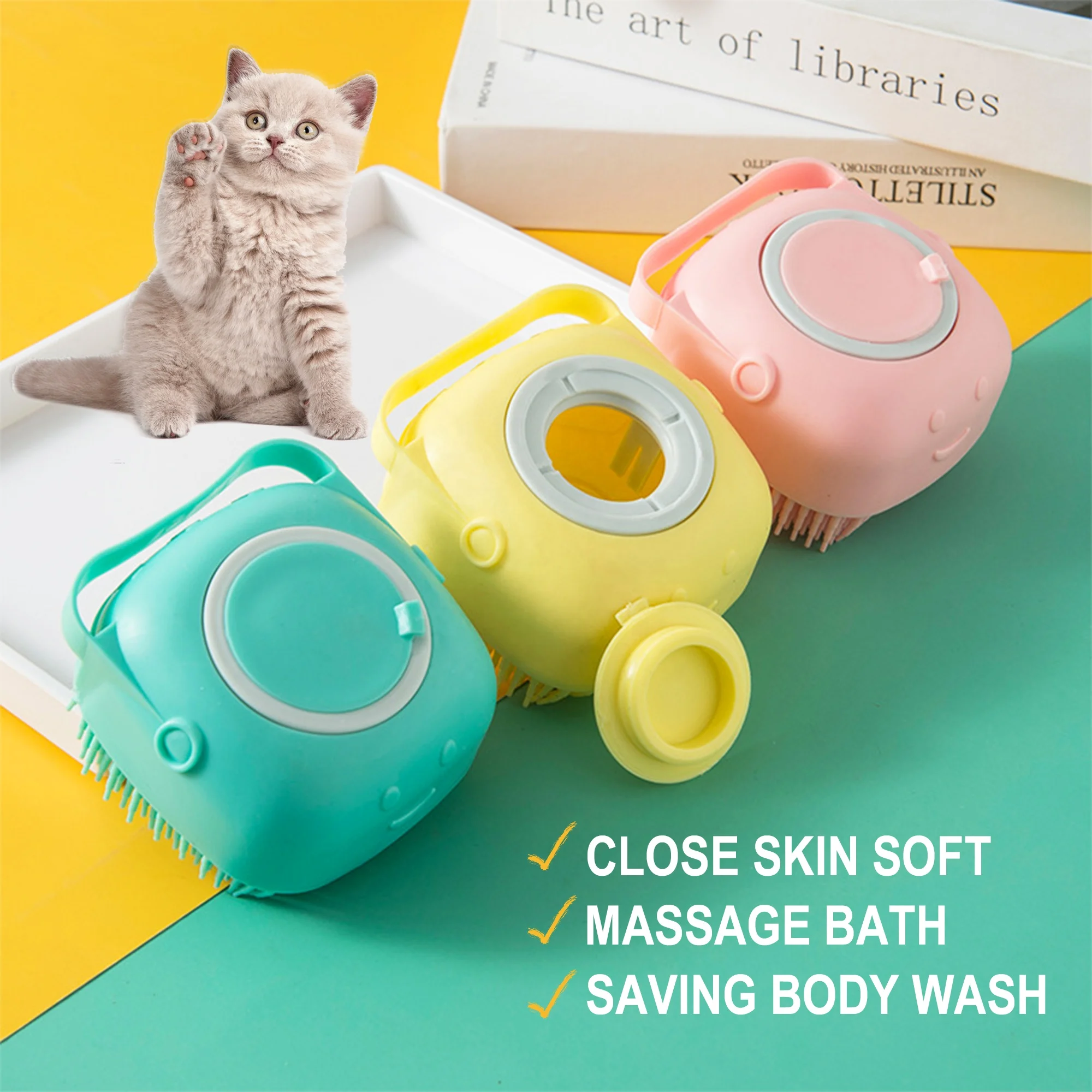 

LOGO Customize Pet Brushes Bath Massage Brush Shampoo Dispenser Dog Grooming Silicone Shower Brush For Cat Pets Bathing Products, Blue,yellow,pink