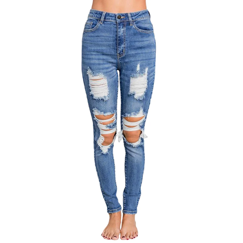 

2021 Hot Sale Fashion Medium Wash Distressed Skinny Denim Women Jeans