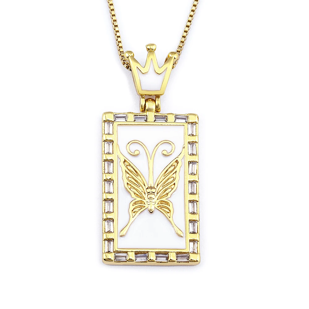 

High Quality Crystal Rectangle Crown Pendant Cubic Zircon Gold Plated Butterfly Charm Necklace Jewelry Gift Wholesale Price, 4 color