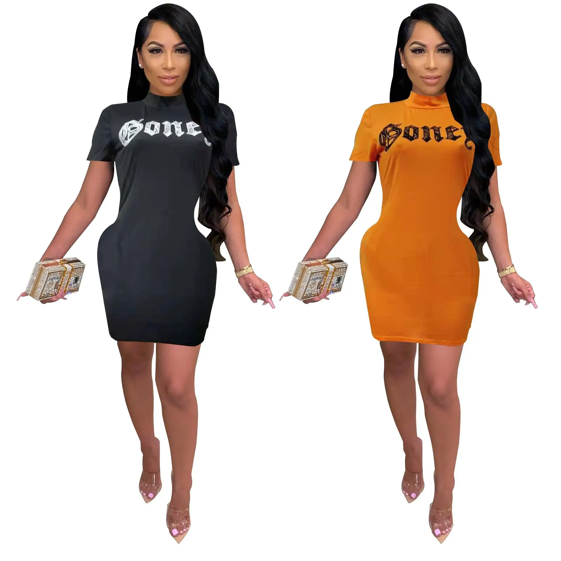 

030822 New fashion letter printed round neck slim fit sexy skirt solid color women's dress