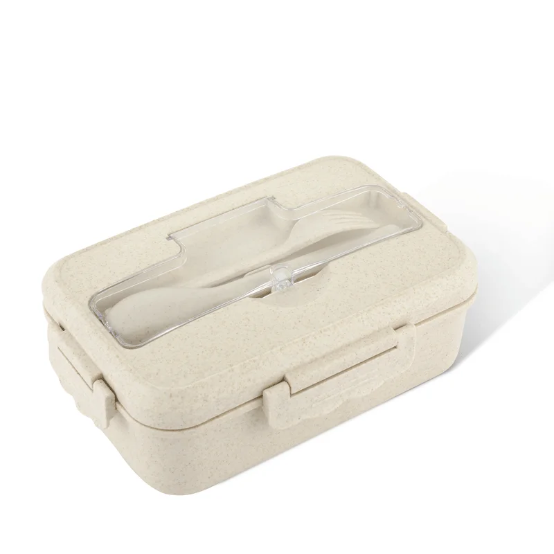 

Microwave safe Biodegradable wheat straw food container white bento lunch box with fork and spoon, Customized color