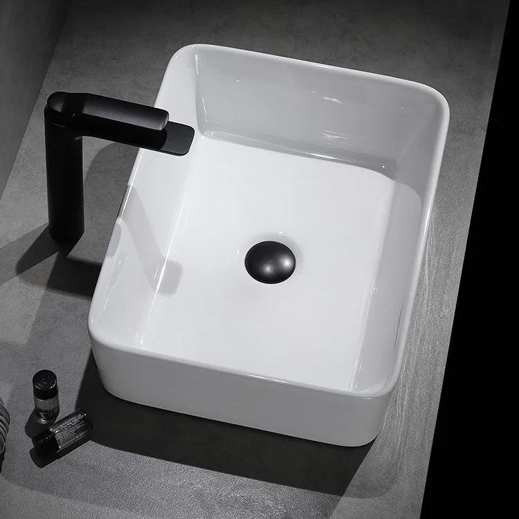 Modern western luxury  ceramic bathroom no hole rectangular Sink table top basin