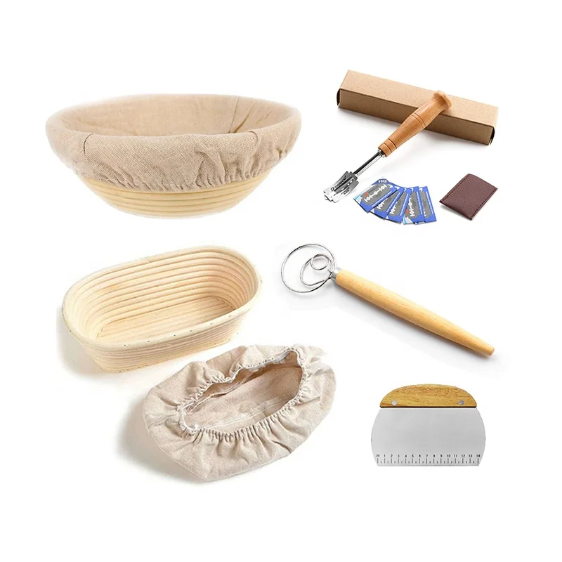 

Walfos Rattan Bread Dough Proof Banneton Baking Tool Sourdough Proving Basket Kits Set of 2 Round and Oval 9.8 inch for Bake