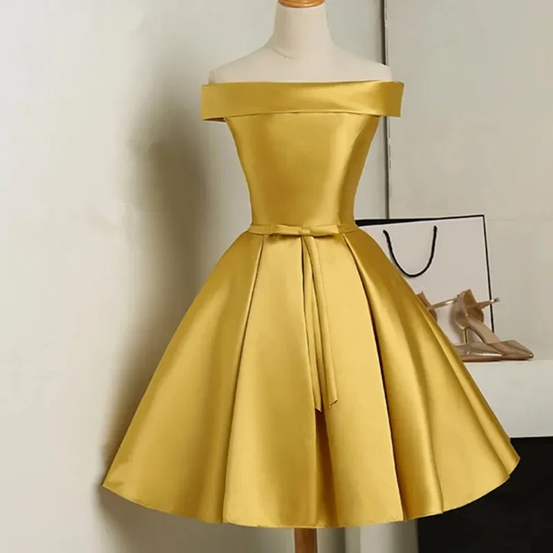 S-XXL Golden Off the Shoulder a Line Cocktail Dresses Lace up Satin Short Party Dresses Elegant Wedding Bridesmaid Evening Gown