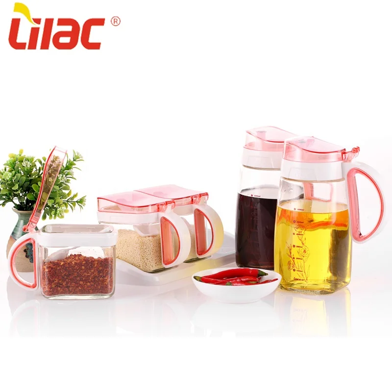 

Lilac FREE Sample 820ml*2+340ml*3 glass oil vinegar bottle oils and condements/spice jar set/seasoning pot with spoon holder, Blue/red