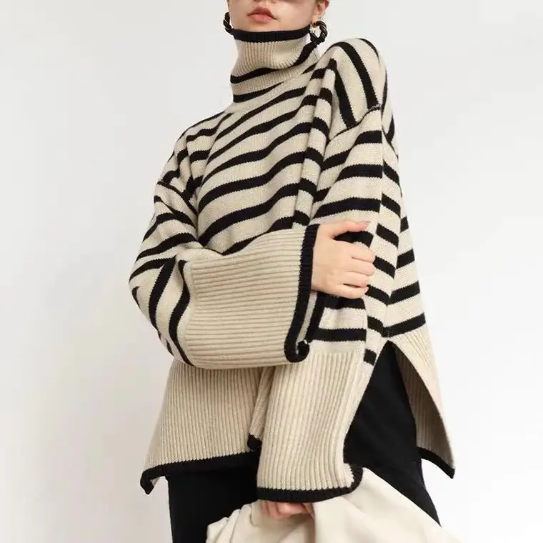 

Factory custom women's autumn loose knitted pullover women striped turtleneck sweater