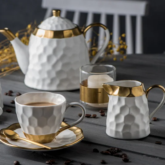 

British Style New Bone China Tea Sets 7pcs Coffee Cup Saucer With Teapot Sugar Bowl Cream Pitcher Teaspoons, White,black