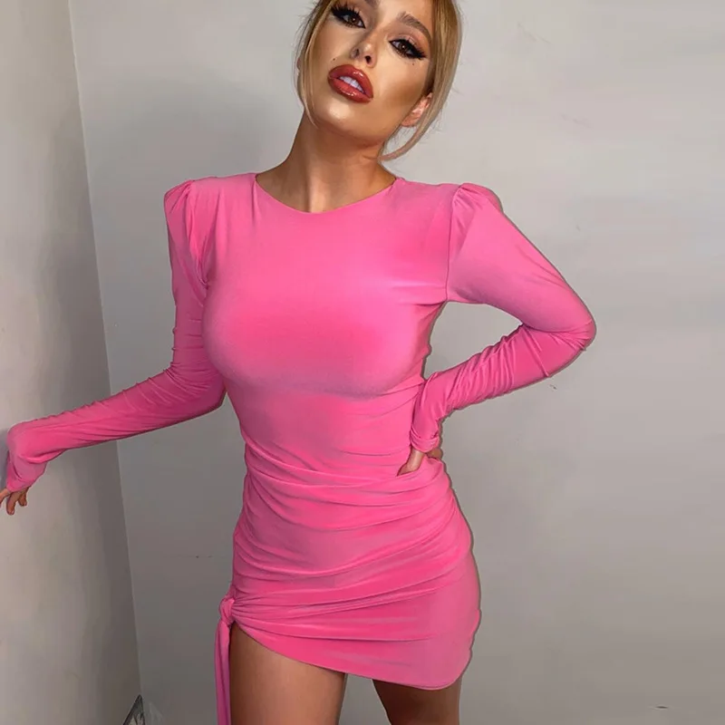 

2021 New Arrivals Solid round neck long sleeve Hip Wrap irregular lace up short sexy dress