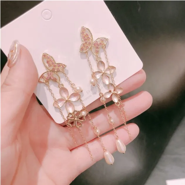 

Korean Style Delicate Tassel Crystal Butterfly Earrings, As picture