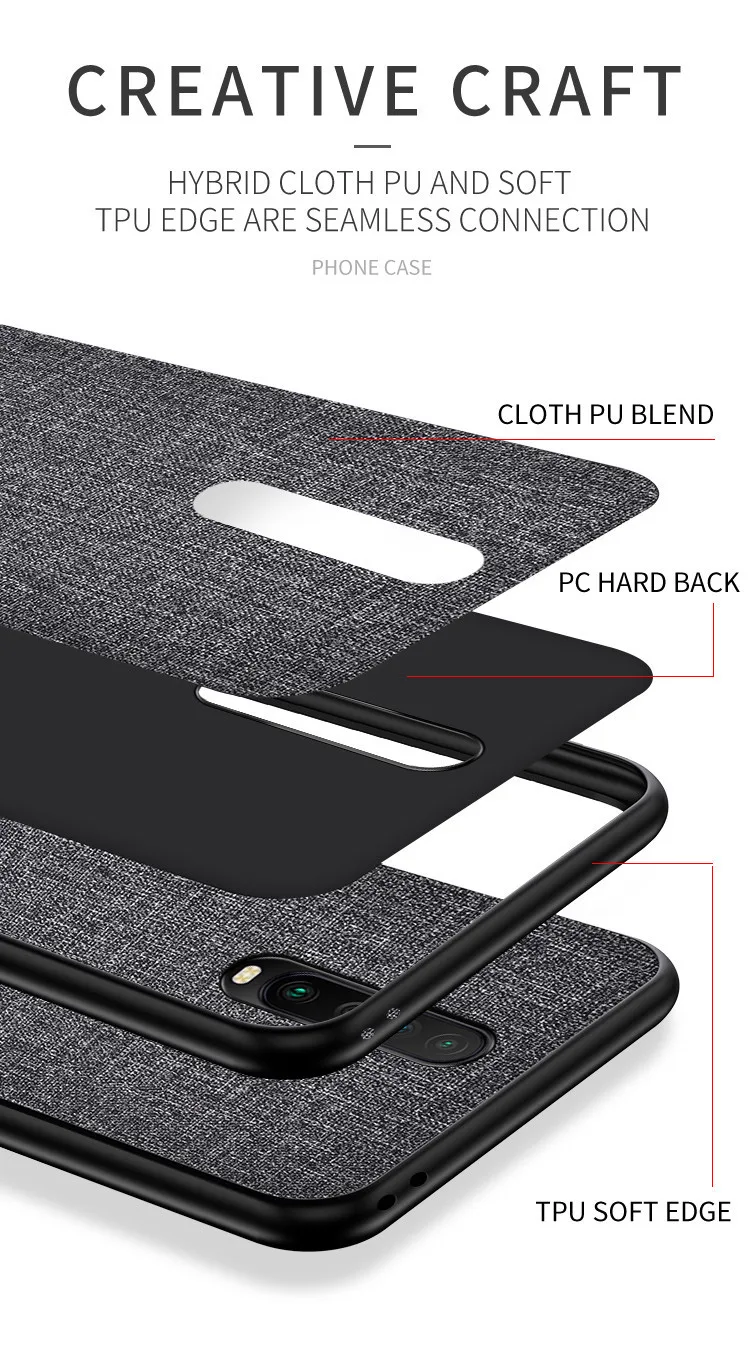 hot sale Shockproof PC Textile Cloth Back Cover Fabric Cell Phone Case for xiaomi redmi k30 k20 pro note 8T note 8 pro 8 7 6 7A details