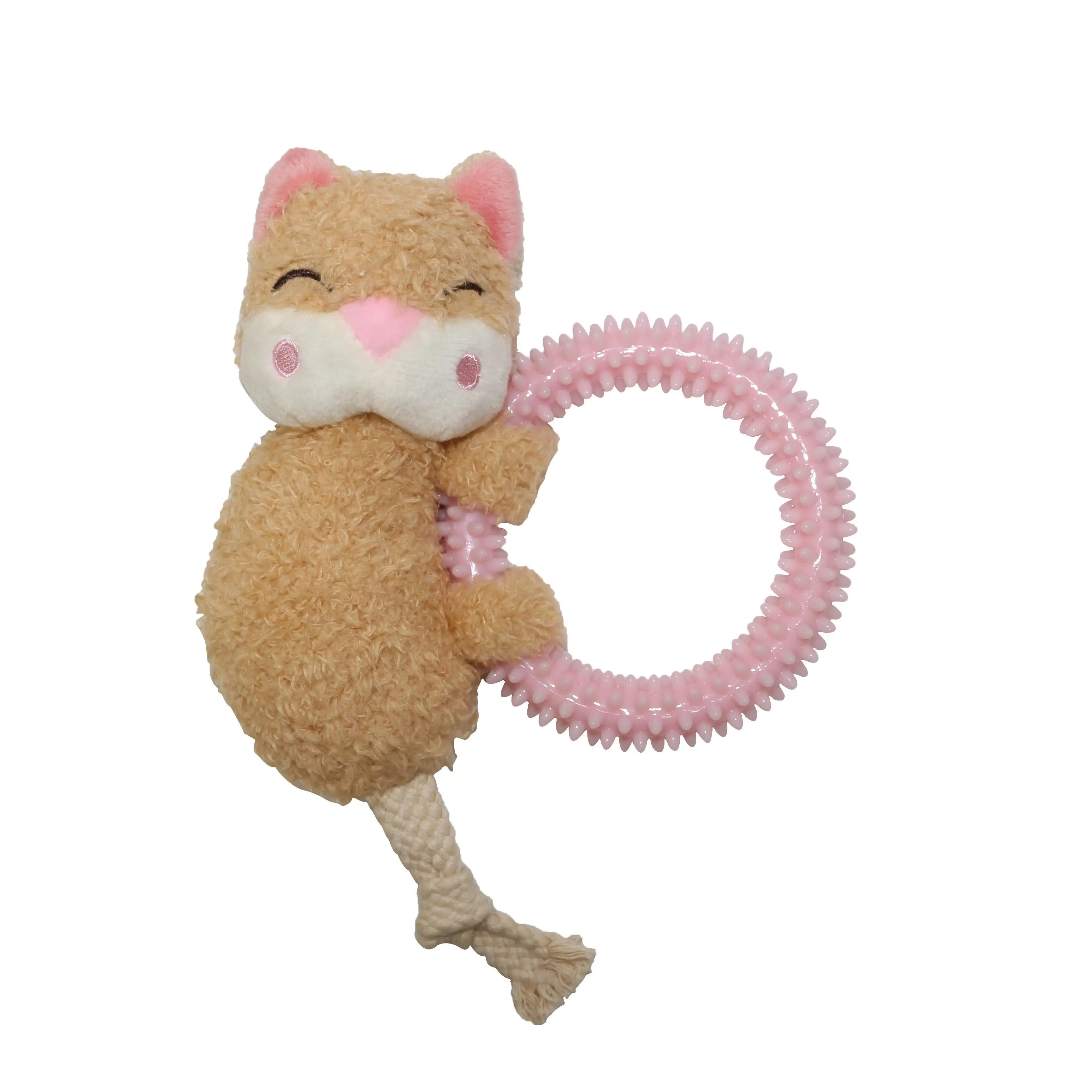 

Hot sale plush squeaky sound cat with spike ring cute dog chew toy
