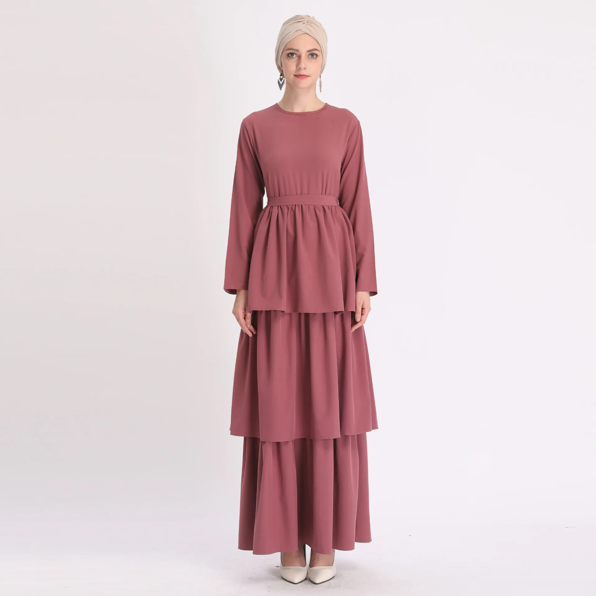 

High Quality Small Fresh Long Solid Color Cake Skirt Dress Cotton Jersey Muslim Prayer Dress Dubai Khimar Abaya Muslim Dresses, As shown