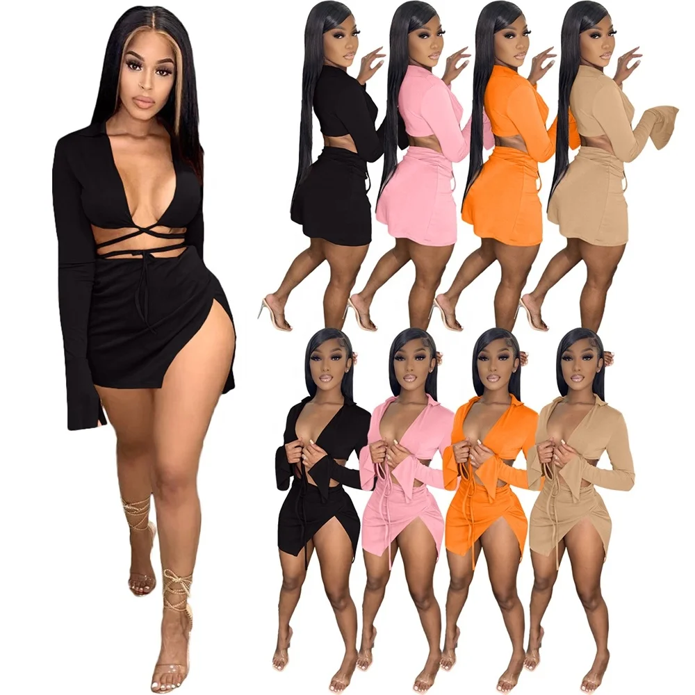 

Women 2 Piece Skirt Sets Sexy Swimwear Bandage Solid swimsuits Long Sleeve Lace Up Crop Tops High Split Mini-skirt sets