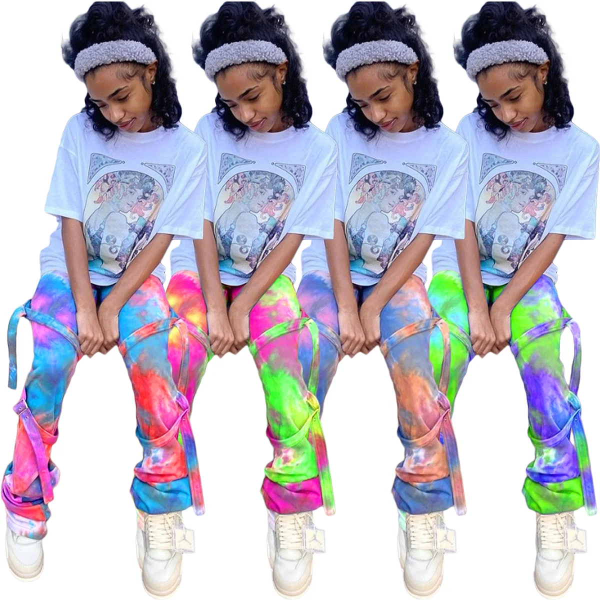 

Street Wear fashion casual pants all-matching tie-dyed straps stacked joggers women, 4 colors