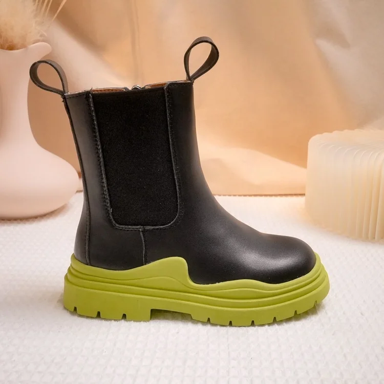 

Wholesale high quality leather boots children casual boots autumn winter Chelsea boots kids, White,blue,orange,and black
