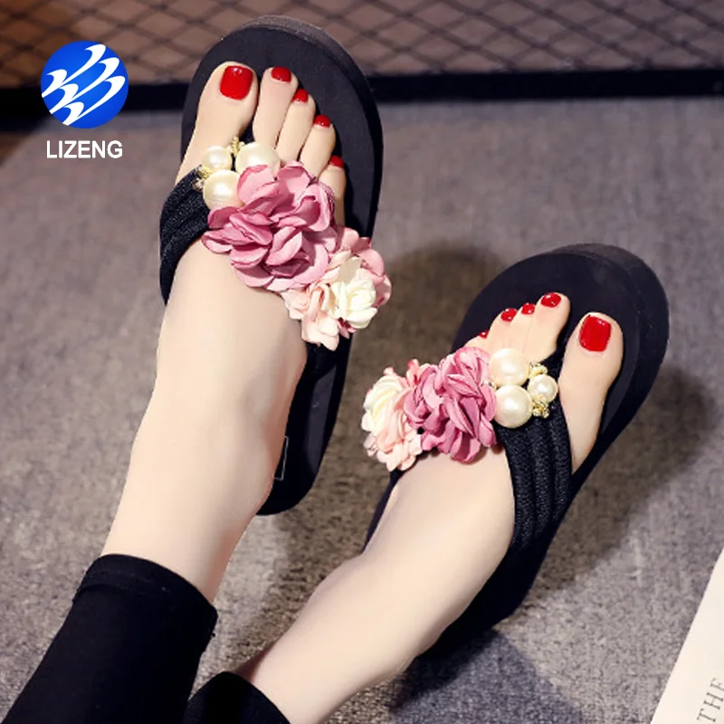 

Ladies Sponge Cake Sole Pearl Flower Flip Flops Shoes Outdoor With High Heel, Red pink